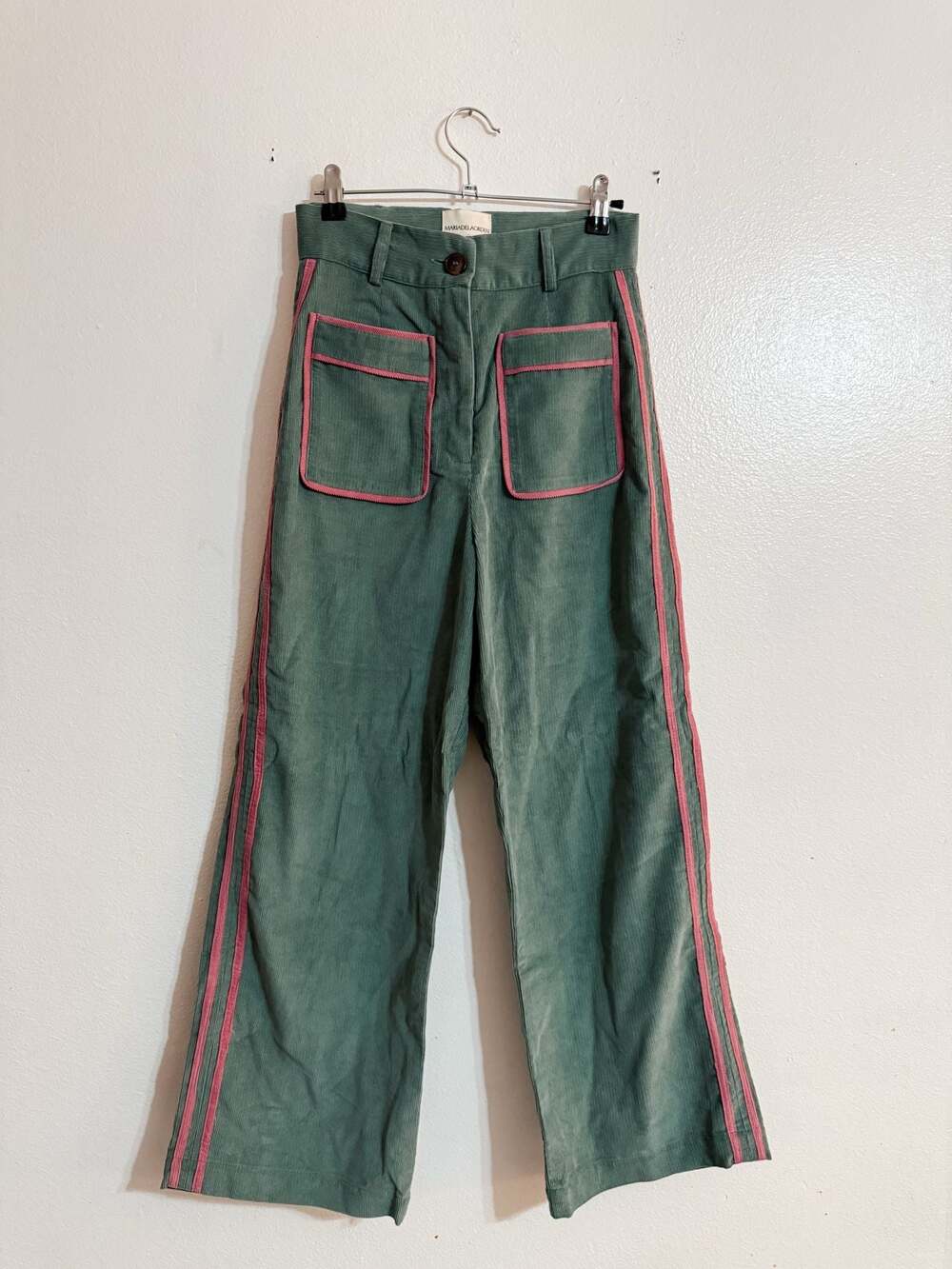 MARIA DE LA ORDEN Niza Corduroy Wide Leg Pants with Contrast Pink Piping US 4 FR